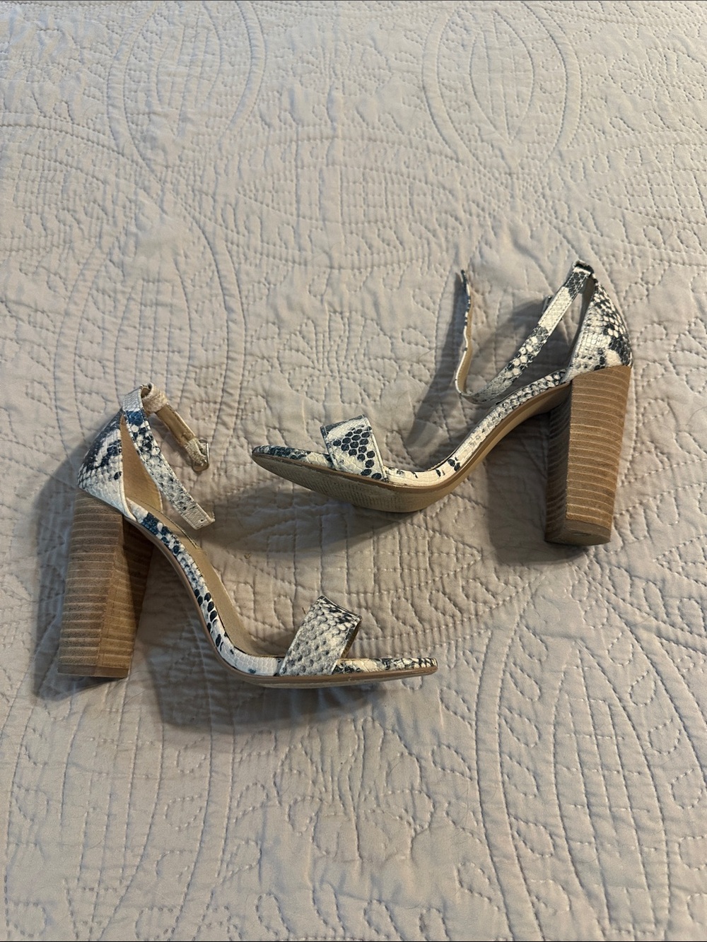 Steve Madden White and Black Snake-Print Block Heel Sandals